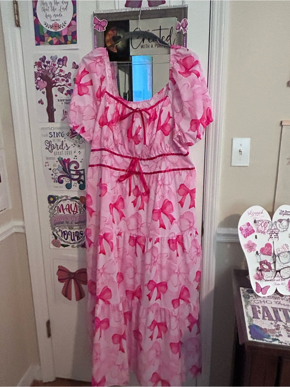 SHEIN Pink Bow-Print Casual Maxi Dress